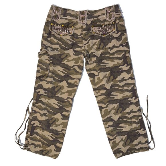 Handi Y2k Army Camo Cargo Capri Pants Bedazzled Jewel Drawstring Cuffs Size 30" - Picture 6 of 11